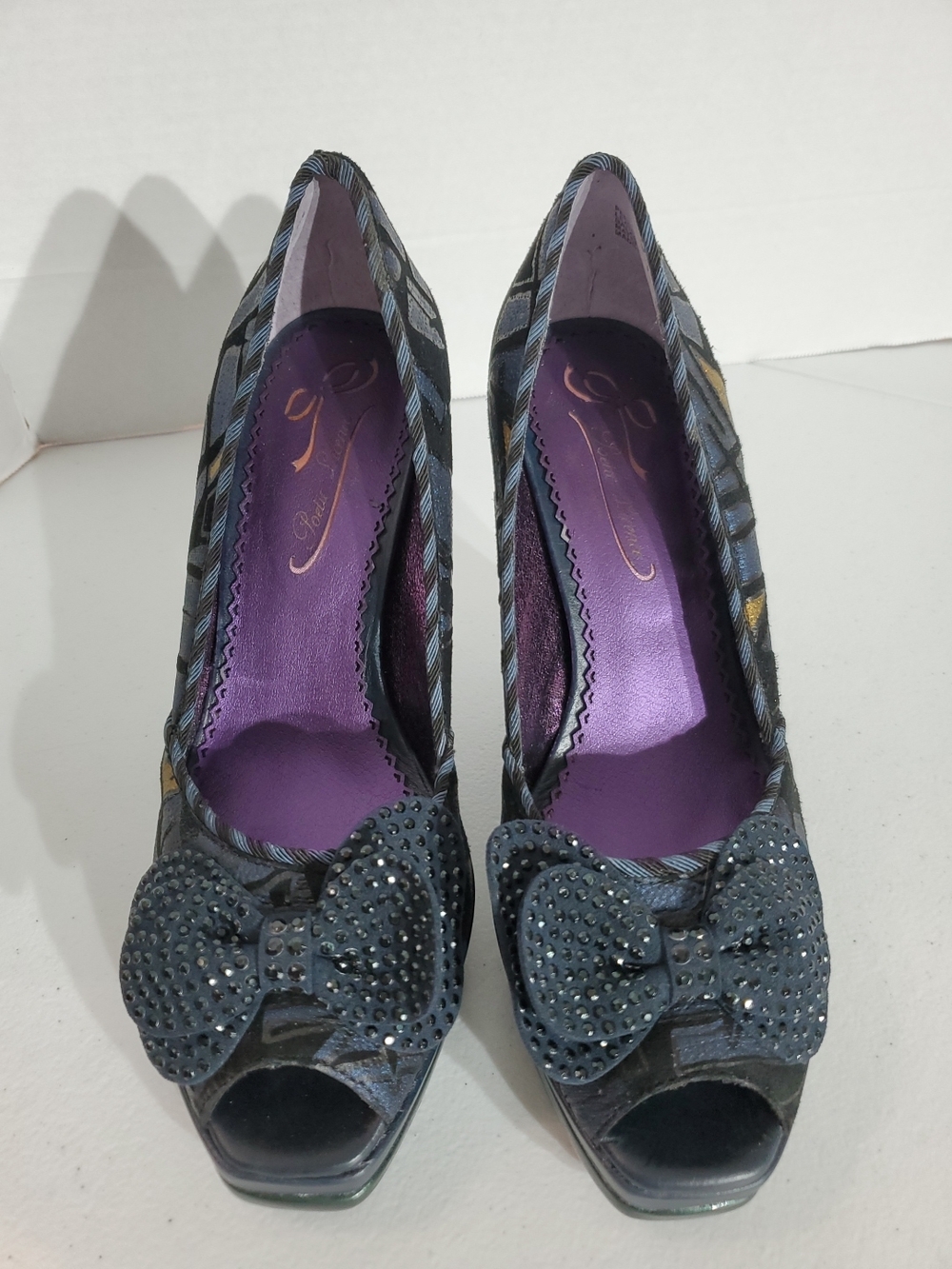 Poetic License Sz 7 Eu 37 Black Peep Toes Rhinestones Bow Retro Whimsigoth Pumps